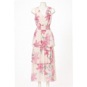 Alexa B Floral Tiered Maxi Dress V Neck Cream Pink Lily Whimsicore Fairy Dainty